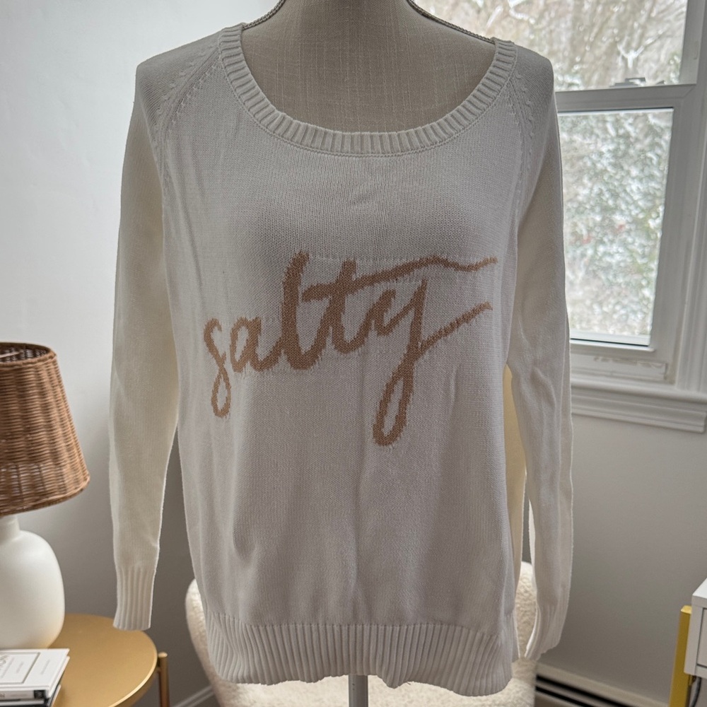 Chic White Sweater with Tan 'Salty' Design